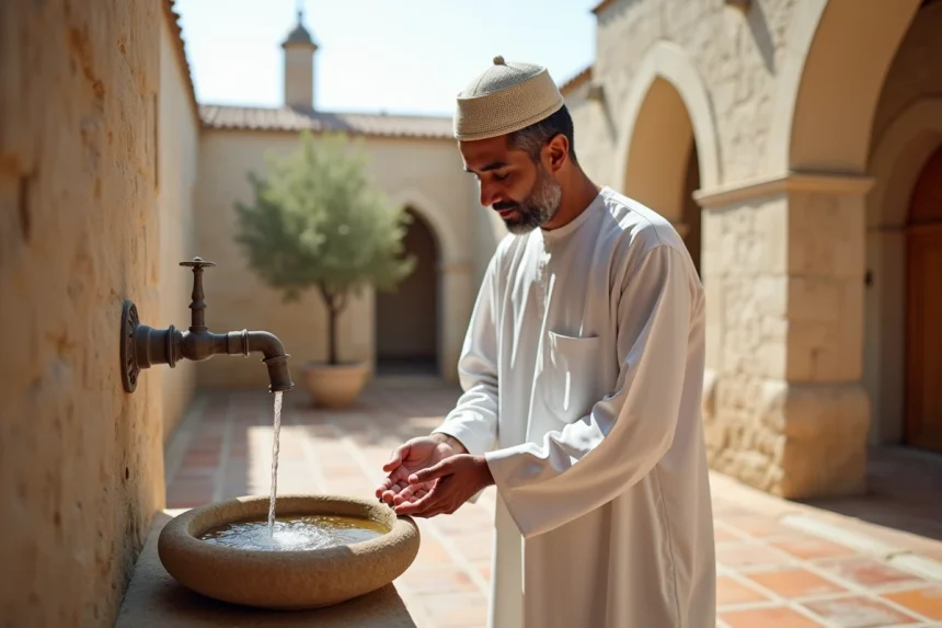 Homme effectuant ses ablutions avant la prière du fajr dans une cour de mosquée à Annemasse