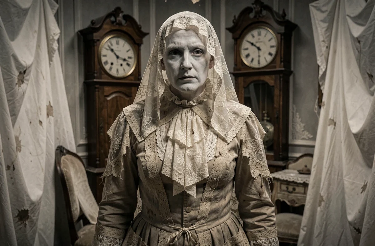 Acteur déguisé en fantôme victorien dans un salon baroque du Manoir de Paris, costume en dentelle déchirée et maquillage blafard