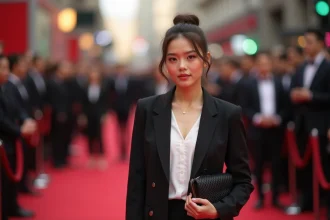 Jeune actrice élégante en avant-première cinématographique, tenue soignée et expression assurée sur tapis rouge