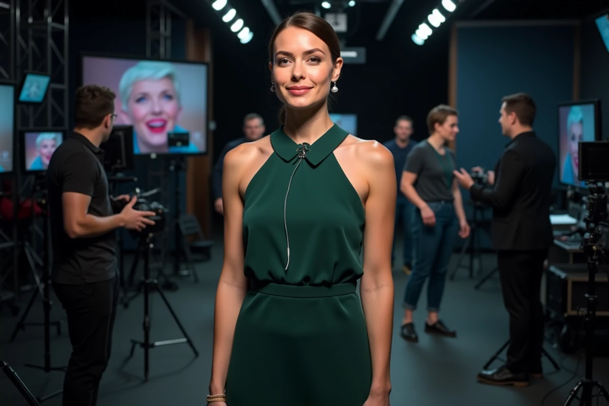 Actrice en coulisses d'un studio de tournage télévisé, robe verte élégante et ambiance production audiovisuelle