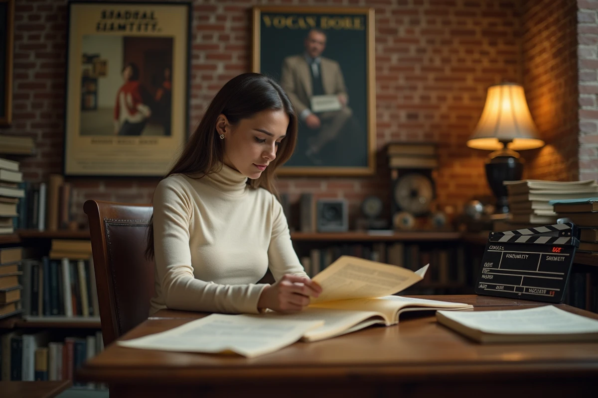 Actrice lisant un scénario dans une bibliothèque de studio de cinéma entourée d'affiches de films et de scripts
