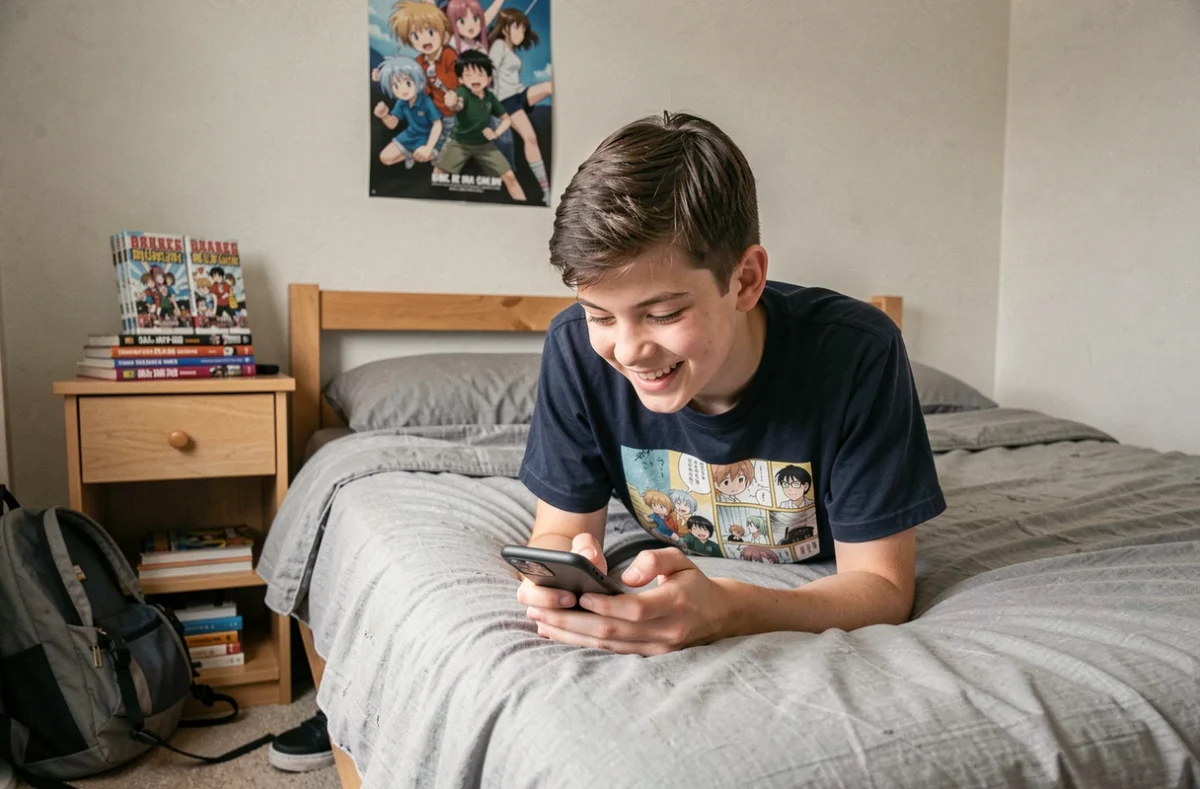 Adolescent lisant un chapitre de manga sur smartphone dans sa chambre