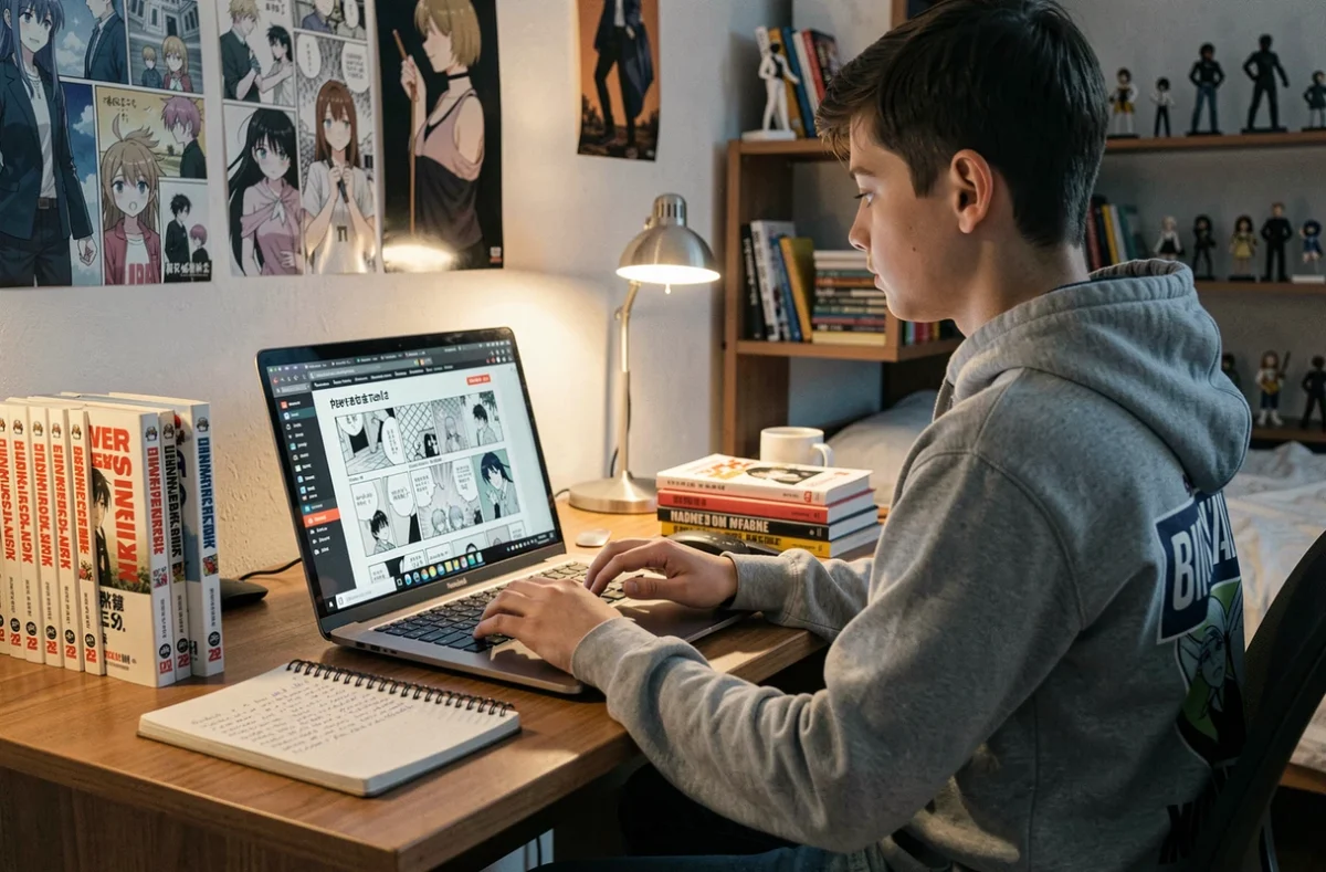 Adolescent lisant des mangas en français sur un site web depuis son bureau dans sa chambre