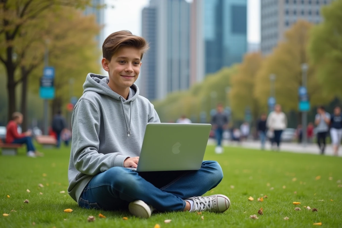 Adolescent avec ordinateur dans un parc urbain