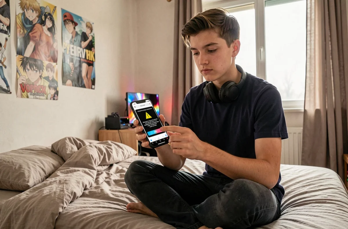 Adolescent consultant son smartphone avec un avertissement de site dangereux lors de la lecture de scans de manga