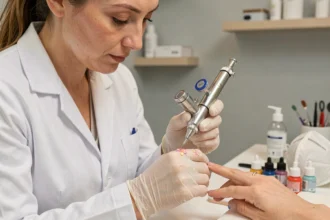 Technicienne en nail art utilisant un aérographe Iwata Master pour peindre un motif floral délicat sur un ongle en salon de manucure