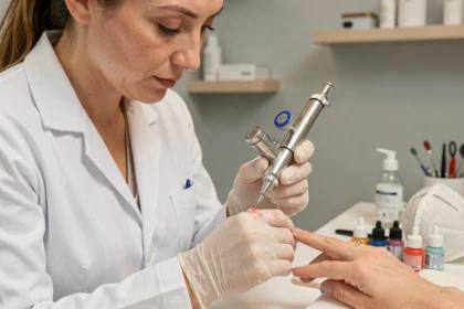 Technicienne en nail art utilisant un aérographe Iwata Master pour peindre un motif floral délicat sur un ongle en salon de manucure