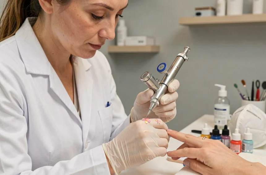 Technicienne en nail art utilisant un aérographe Iwata Master pour peindre un motif floral délicat sur un ongle en salon de manucure