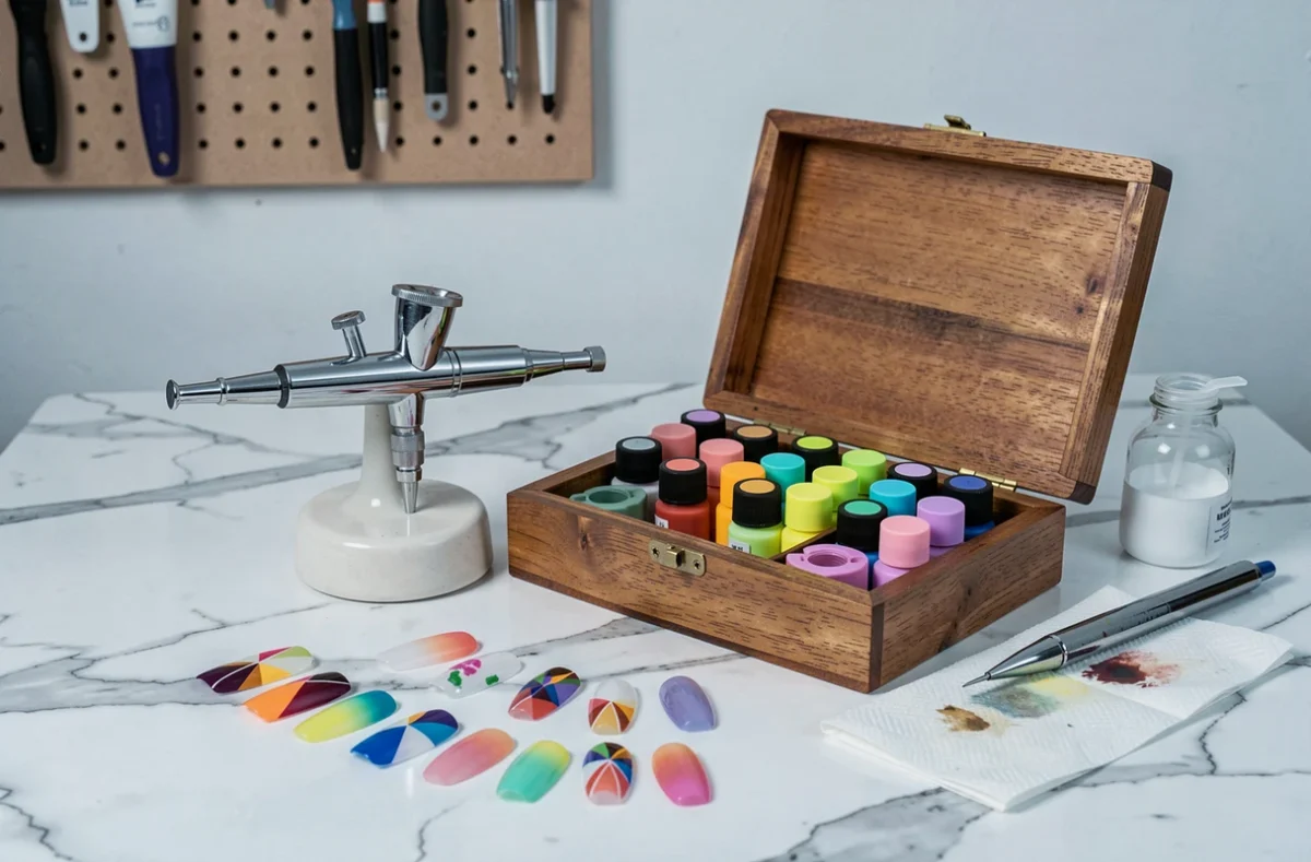 Aérographe Iwata Master posé sur support céramique entouré de flacons de peinture nail art et d'ongles tests avec dégradés colorés sur table en marbre blanc