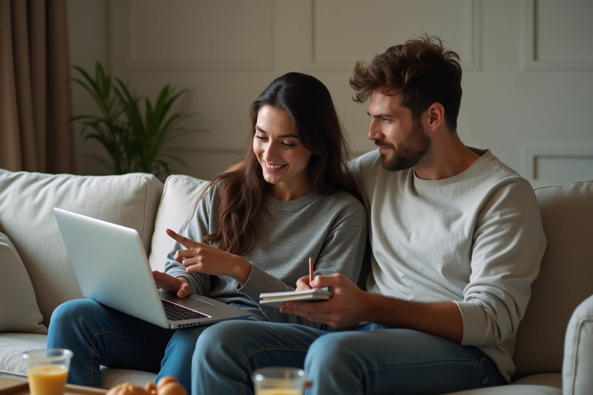 Deux amis consultant un guide de mod pour jeu de simulation sur un canapé dans un salon