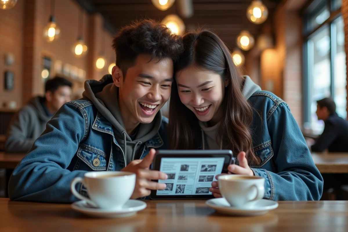 Deux amis partageant la lecture de scans manga Blue Lock sur une tablette dans un café urbain