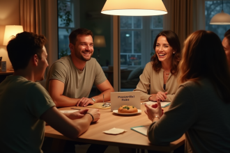 Groupe d'amis autour d'un repas convivial dans un appartement moderne