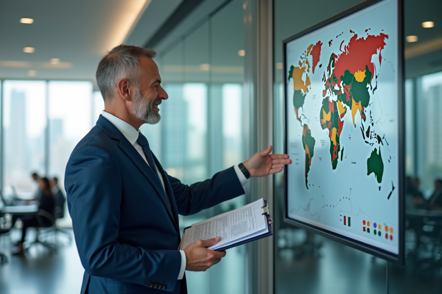 Analyste automobile pointant une carte mondiale des ventes de voitures