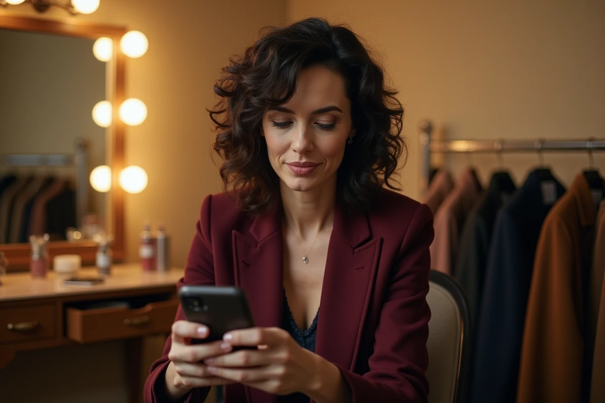 Femme animatrice de télévision dans les coulisses d'un plateau regardant son téléphone avec surprise