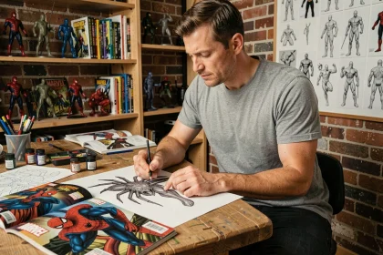 Artiste de comics dessinant le personnage Man-Spider, version mutante de Spider-Man, dans un studio créatif