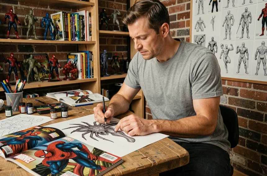 Artiste de comics dessinant le personnage Man-Spider, version mutante de Spider-Man, dans un studio créatif