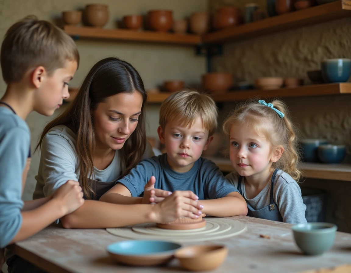 Mère et enfants observant un artisan potier lors d'une activité kids friendly dans un atelier alsacien
