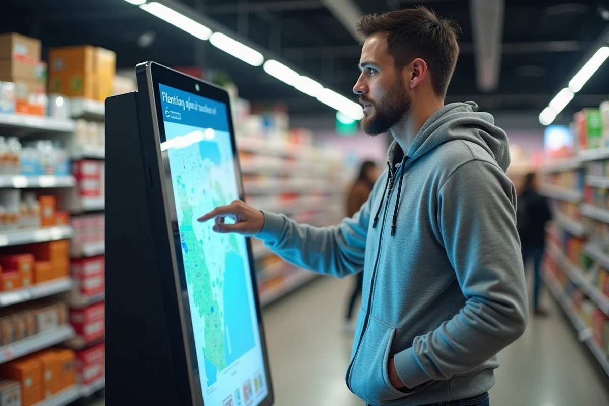 Homme utilisant une borne interactive en supermarché pour localiser un relais Chronopost disponible près de chez lui