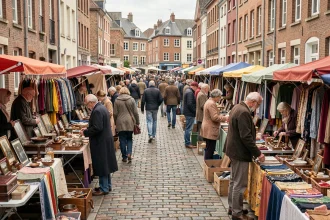 Braderie du Nord avec étals de brocante et foule animée dans une rue pavée typique du Nord de la France