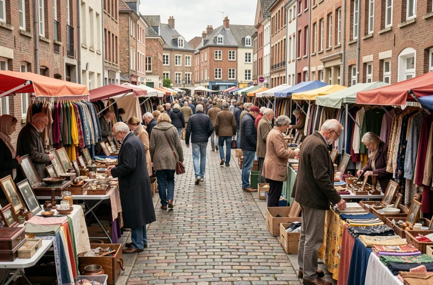 Braderie du Nord avec étals de brocante et foule animée dans une rue pavée typique du Nord de la France
