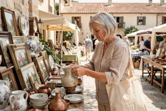 Femme inspectant une cruche en céramique ancienne sur un stand de brocante en plein air dans les Alpes-Maritimes