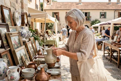 Femme inspectant une cruche en céramique ancienne sur un stand de brocante en plein air dans les Alpes-Maritimes