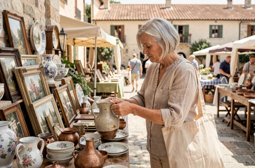 Femme inspectant une cruche en céramique ancienne sur un stand de brocante en plein air dans les Alpes-Maritimes