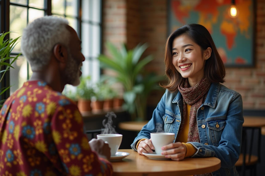 Jeune femme souriante dans un café multiculturel