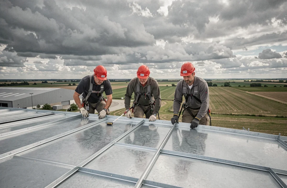 Équipe de Campaner SAS installant des panneaux métalliques à joint debout sur un hangar agricole en Meurthe-et-Moselle