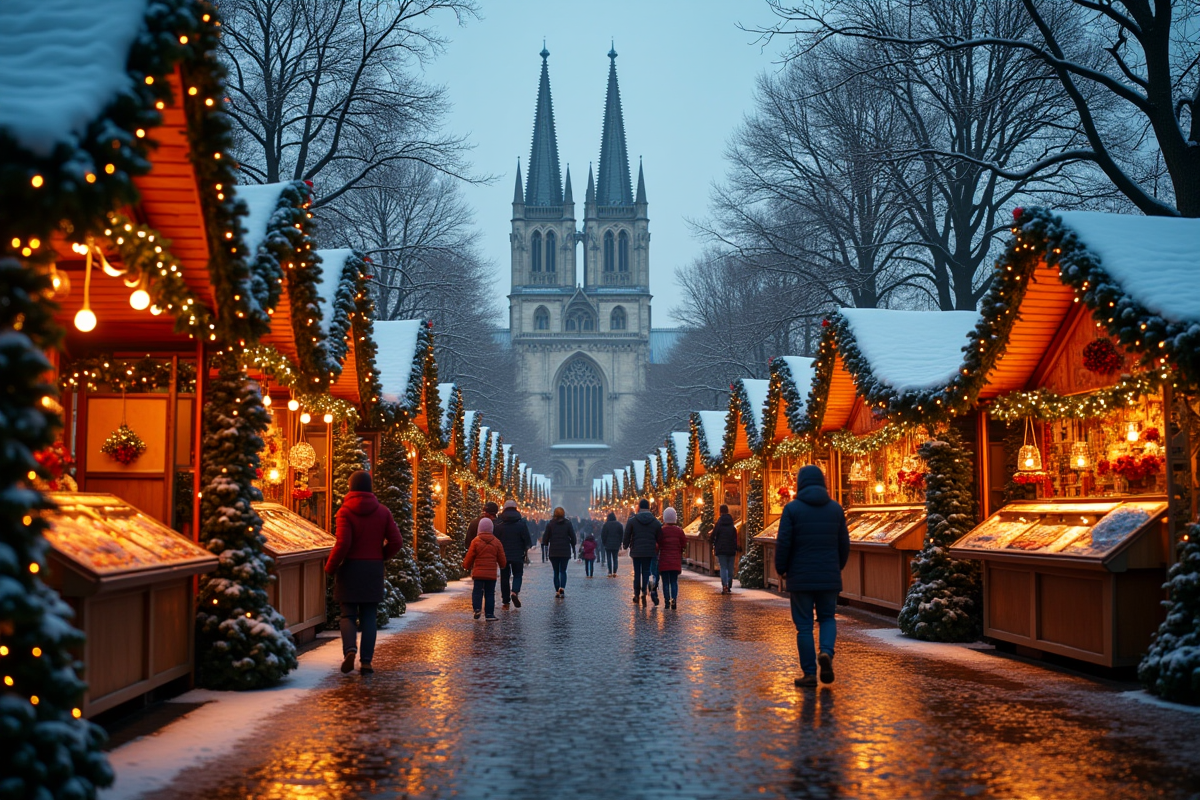 Cathédrale de Reims avec marché de Noël enneigé et décorations