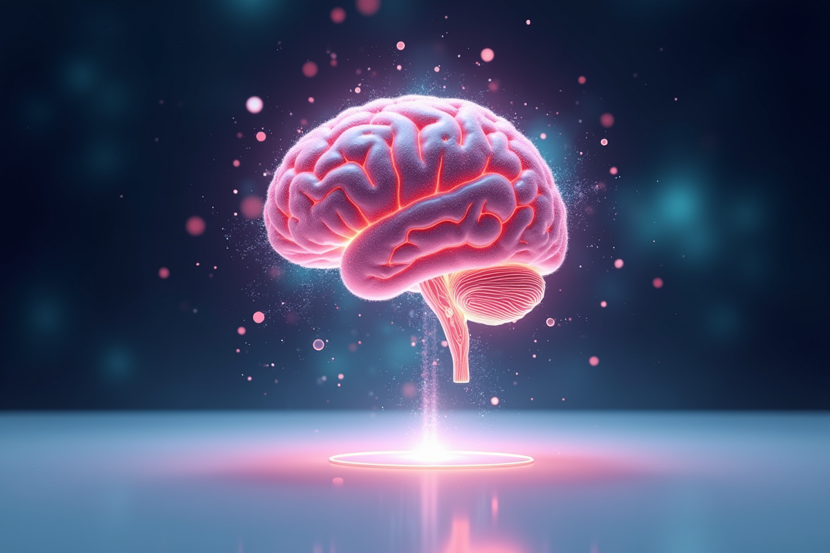 Cerveau humain suspendu avec particules quantiques lumineuses