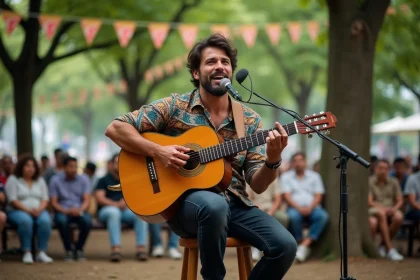 Chanteur br&eacute;silien jouant de la guitare en plein air &agrave; Rio