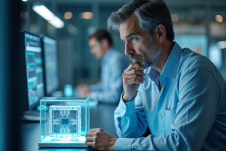 Chercheur en laboratoire observant un cube quantique