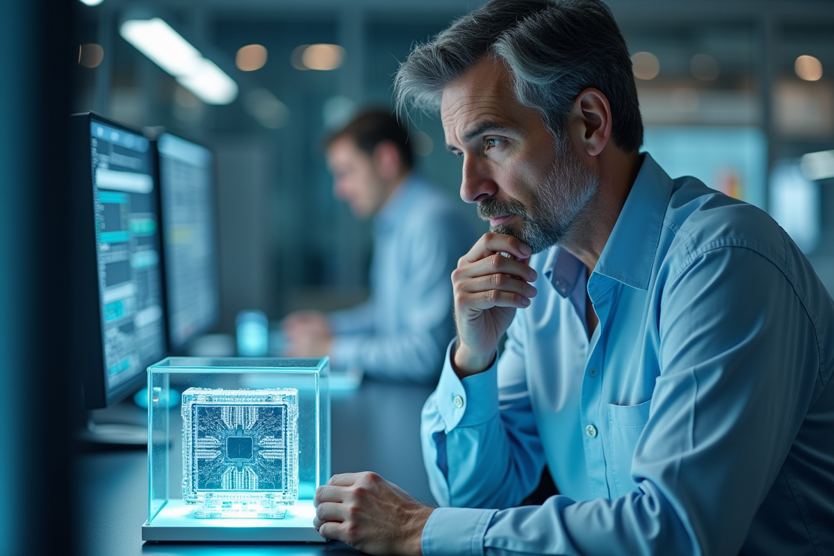 Chercheur en laboratoire observant un cube quantique