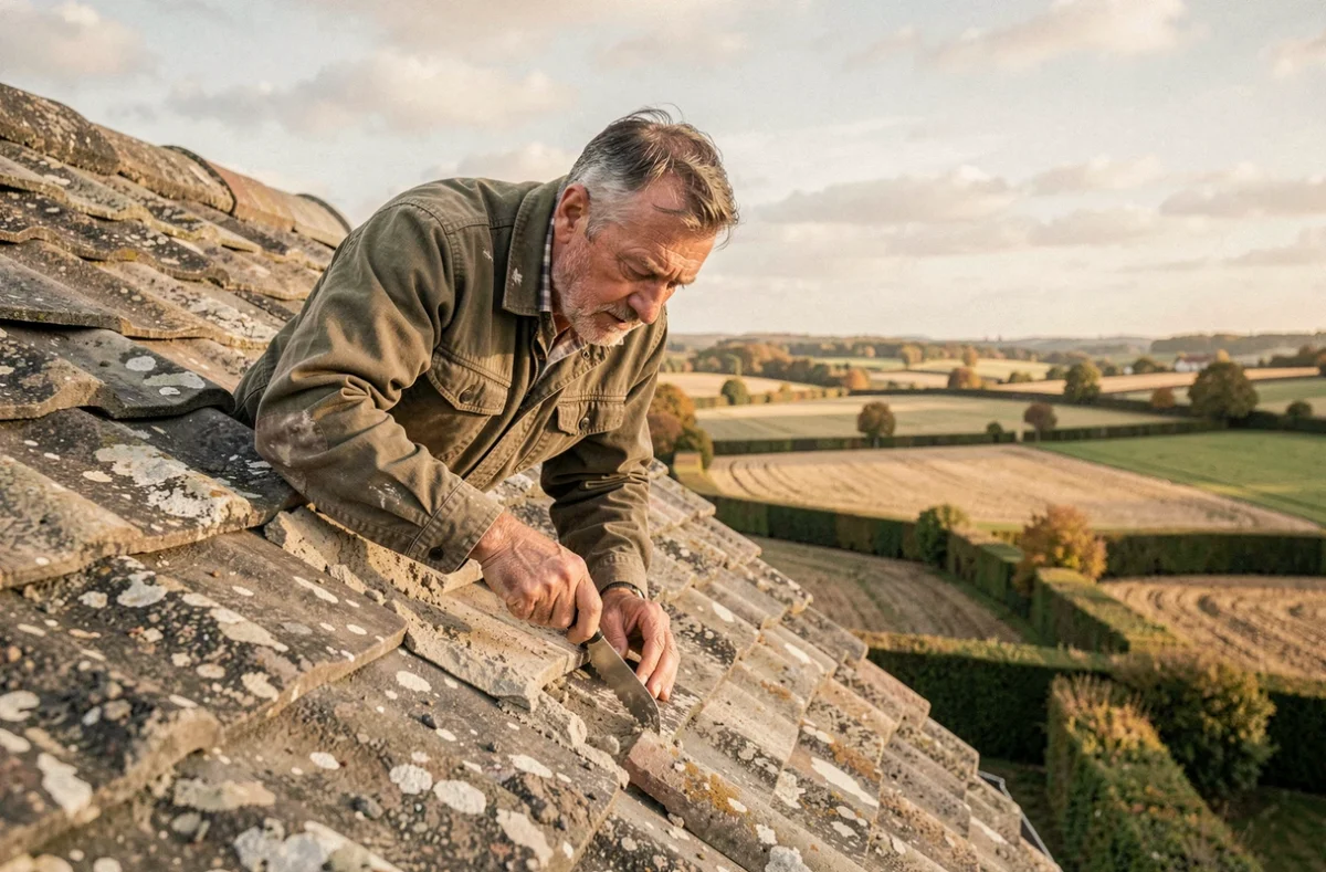 Artisan Cigana Eric rejointoyant les faîtières en calcaire d'une ferme ancienne en Meurthe-et-Moselle