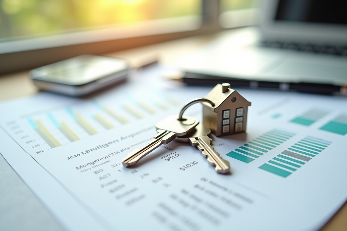 Clés avec porte-clés maison sur document de prêt immobilier