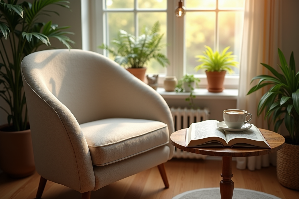 Coin lecture cosy avec fauteuil et plantes d