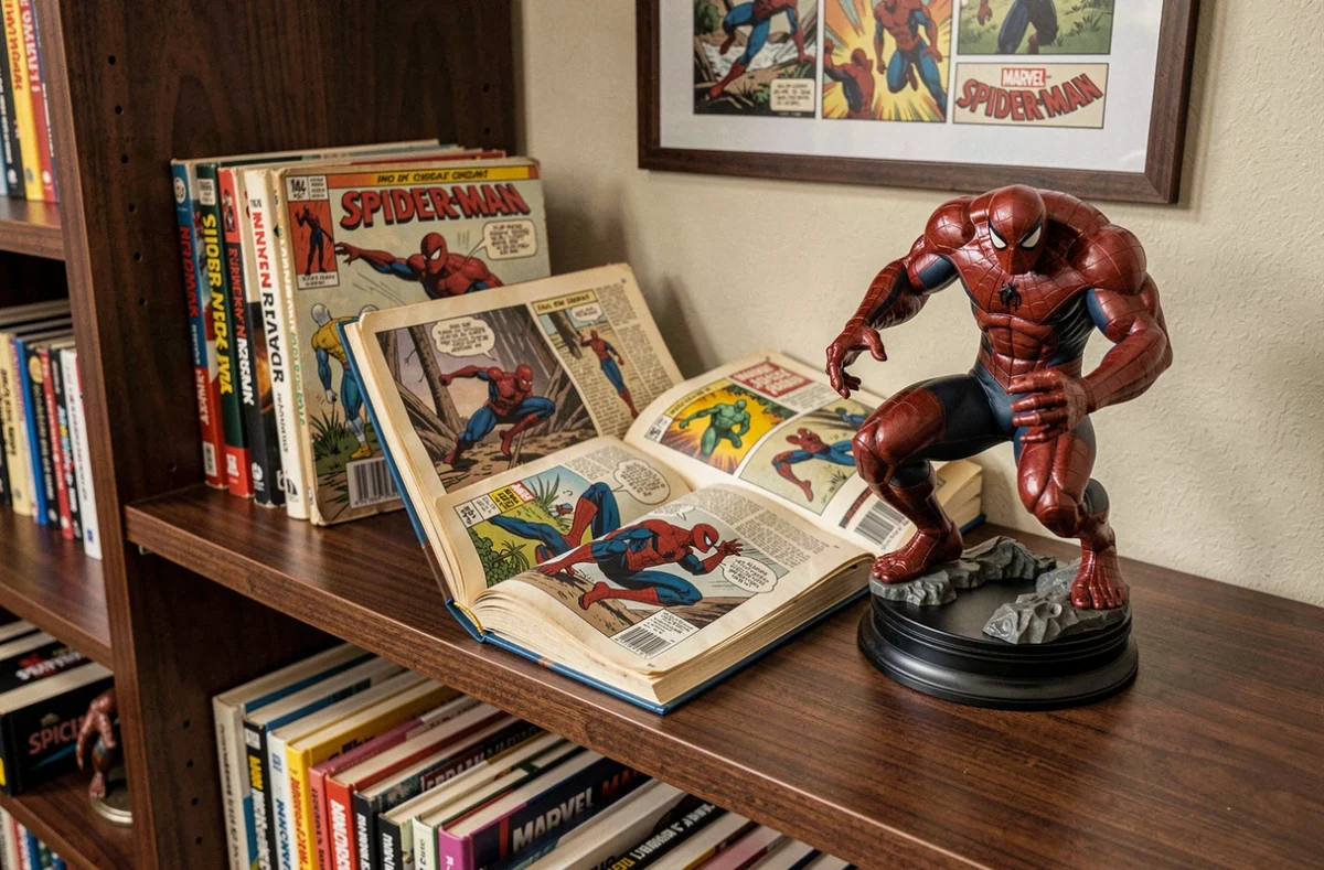 Collection de comics Marvel et figurine Man-Spider, personnage araignée mutante issu de l'univers Spider-Man