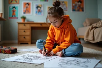 Adolescente coloriant des pages Dragon Ball sur le sol de sa chambre avec des marqueurs et des crayons de couleur
