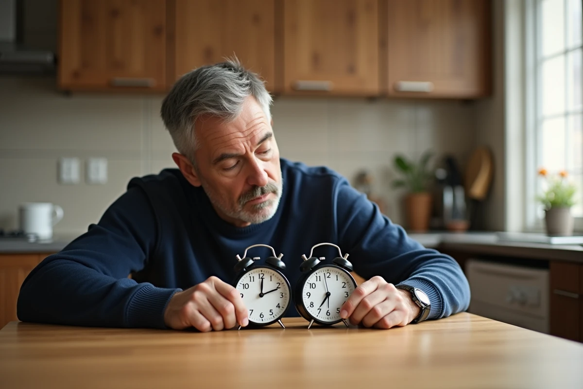 Homme comparant deux montres analogiques affichant les formats AM PM et 24 heures sur une table en bois