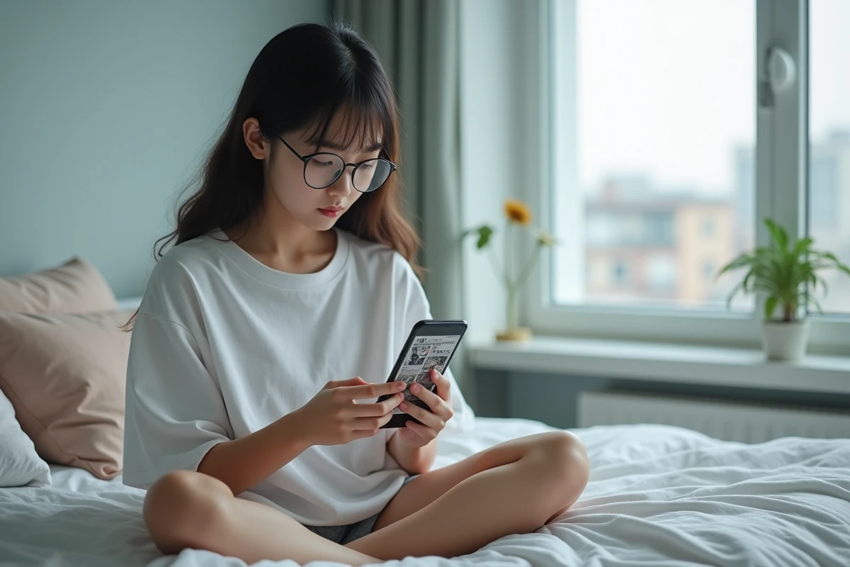 Adolescente consultant des scans de manga sur son smartphone allongée sur son lit