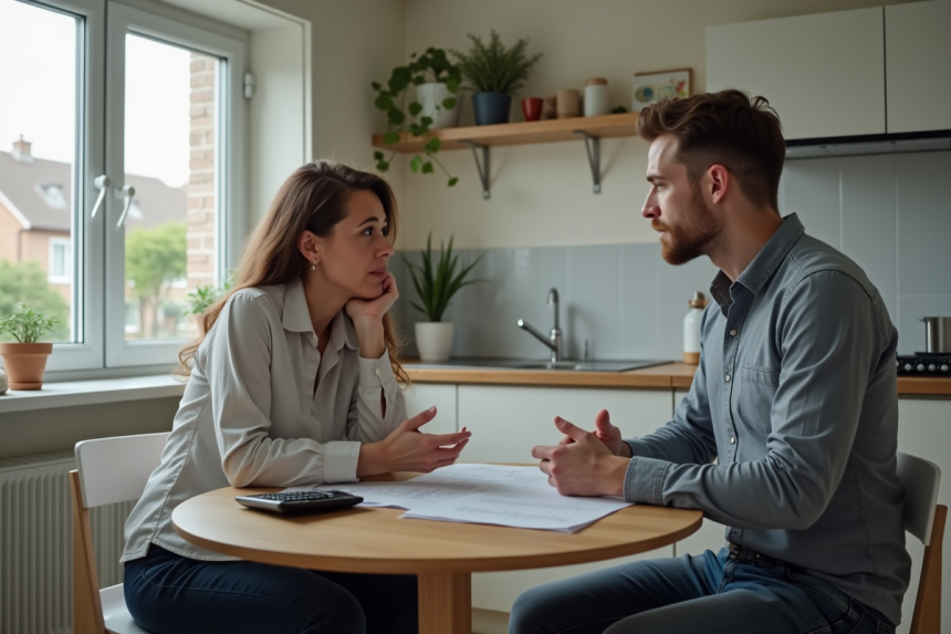 Femme préoccupée et jeune homme en discussion dans une cuisine