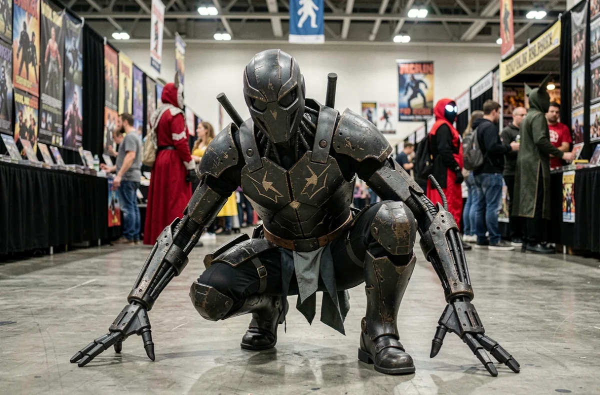 Cosplayer en costume Man-Spider, araignée mutante de l'univers Marvel, lors d'une convention de comics