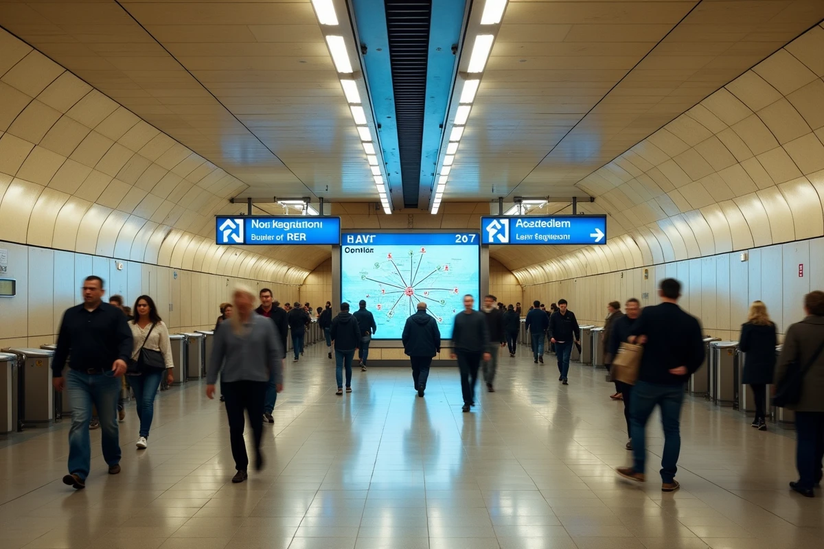 Couloir animé d'une station RER parisienne avec signalétique et plan du réseau Île-de-France