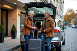 Couple souriant déchargeant une valise devant un hôtel à Strasbourg
