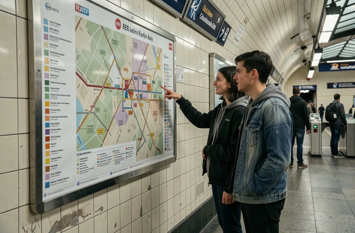 Couple devant un panneau du plan RER Paris dans une station de métro