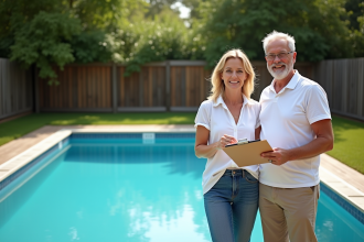 Couple souriant près de la piscine en jardin résidentiel