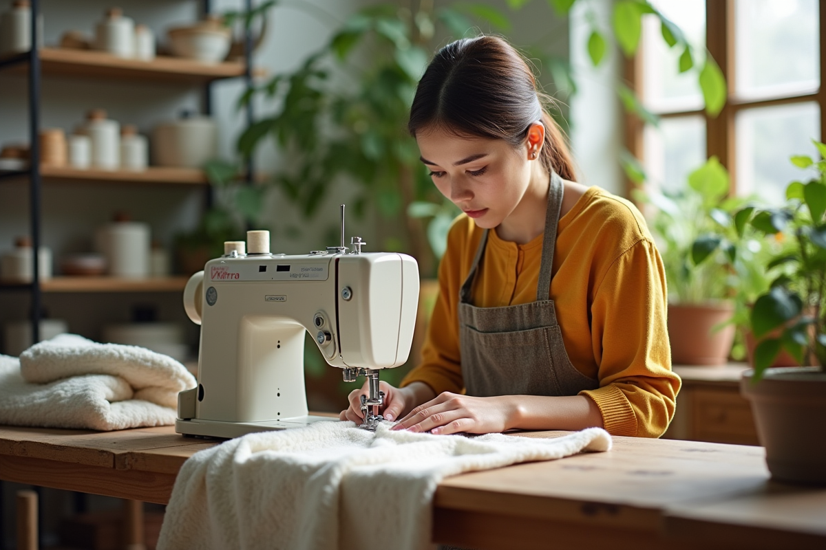 Artisan cousant pantalon écologique dans atelier lumineux