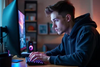 Joueur créant un pseudo original sur son PC gaming avec un clavier mécanique