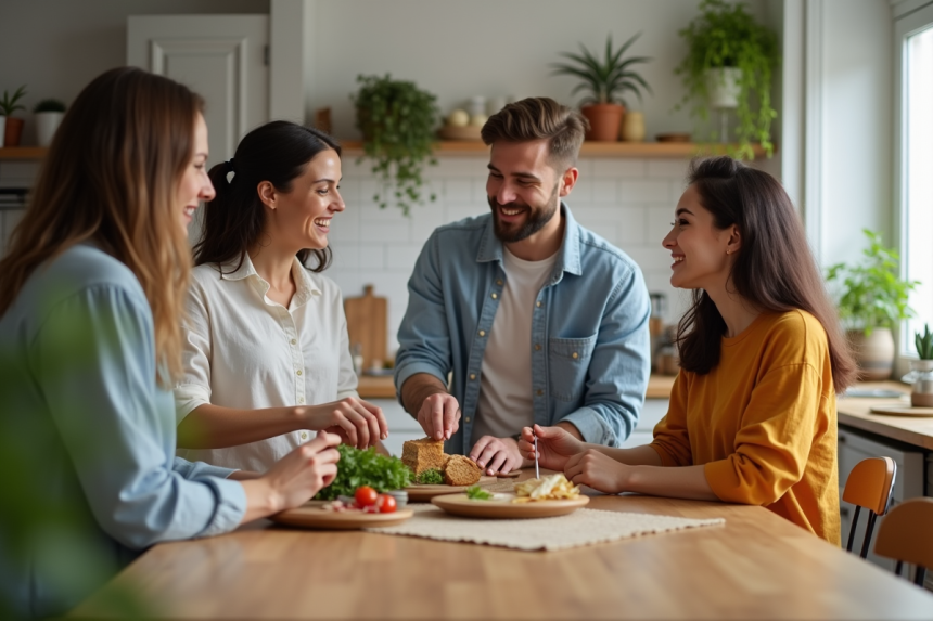Trois jeunes adultes discutent en préparant un repas dans une cuisine lumineuse
